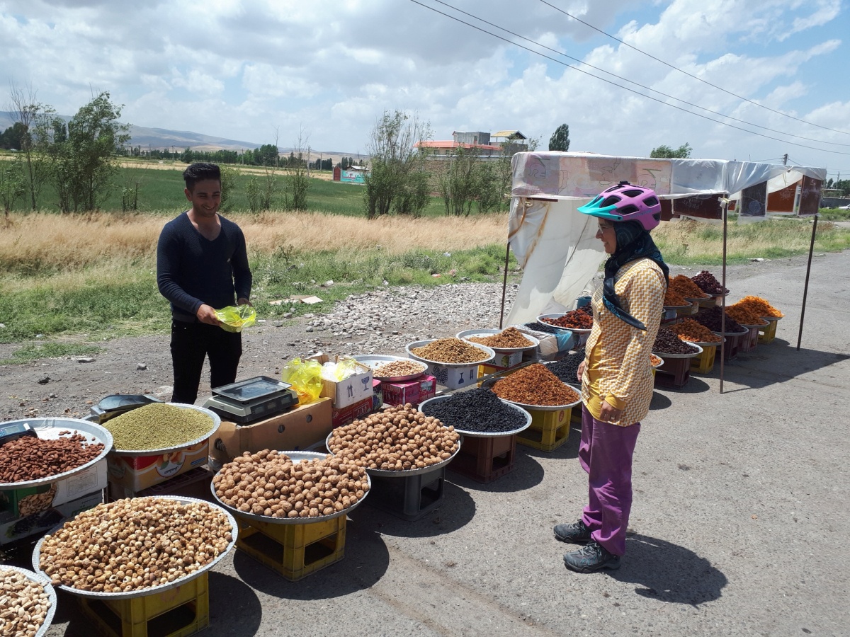 Dried fruits and nuts are the perfect calorie snack stuff for bike touring, and in Iran the roadside stands like this were everywhere. Those coloured sheets in the background? Massive fruit leathers! I was ecstatic, but they were all a little more salty and acidic than I'd like.
